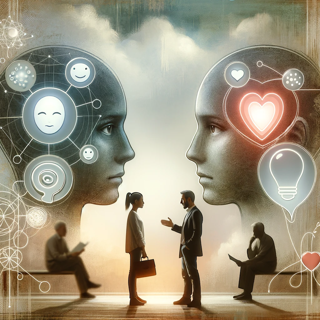 Visualization of emotional intelligence showing two people in thoughtful conversation, with symbols of self-awareness, problem-solving, and empathy, in a peaceful, pastel-colored setting.