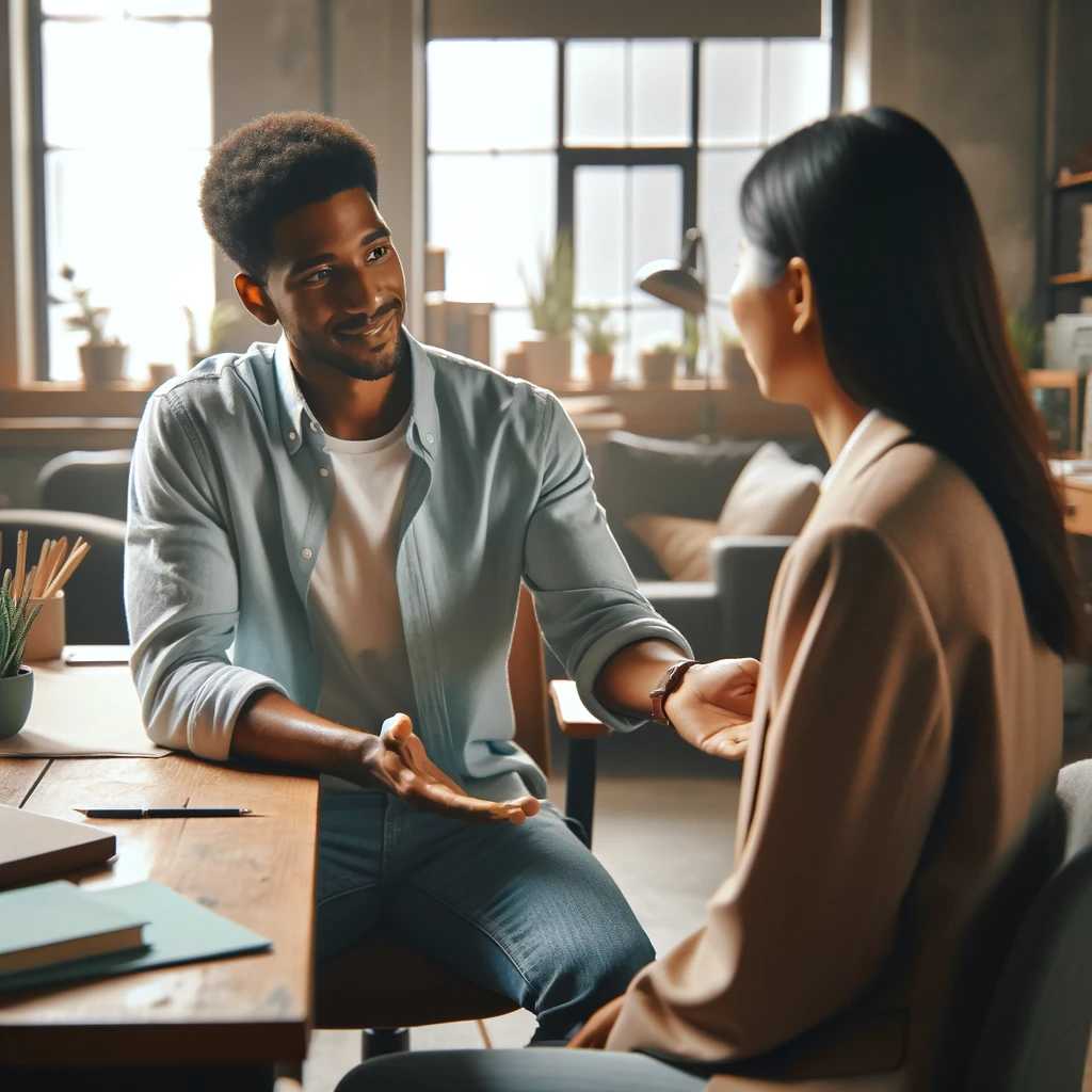 Small business team showing empathy and motivation, with an employee offering support to a colleague in a cozy, plant-filled office.